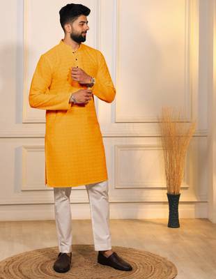 Yellow color embroidery work ceremonial ethnic kurta payjama for men's 5