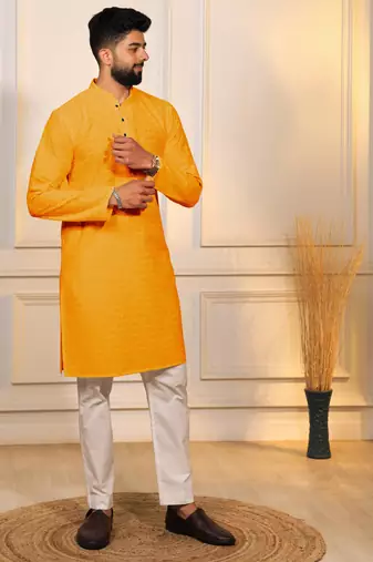 Yellow color embroidery work ceremonial ethnic kurta payjama for men's