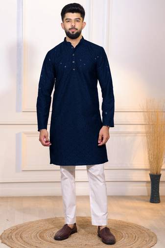 Blue color designer embroidery work ceremonial ethnic kurta payjama for men's