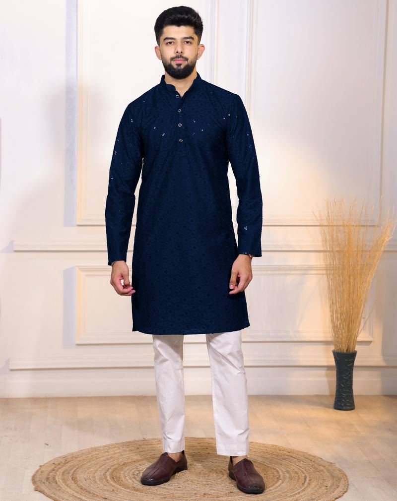 Blue color designer embroidery work ceremonial ethnic kurta payjama for men's