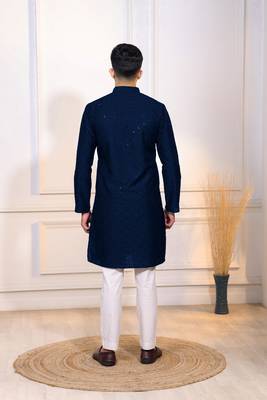Blue color embroidery work ceremonial ethnic kurta payjama for men's 2