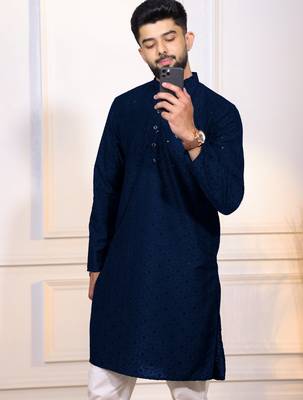 Blue color embroidery work ceremonial ethnic kurta payjama for men's 3