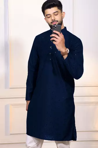 Blue color embroidery work ceremonial ethnic kurta payjama for men's