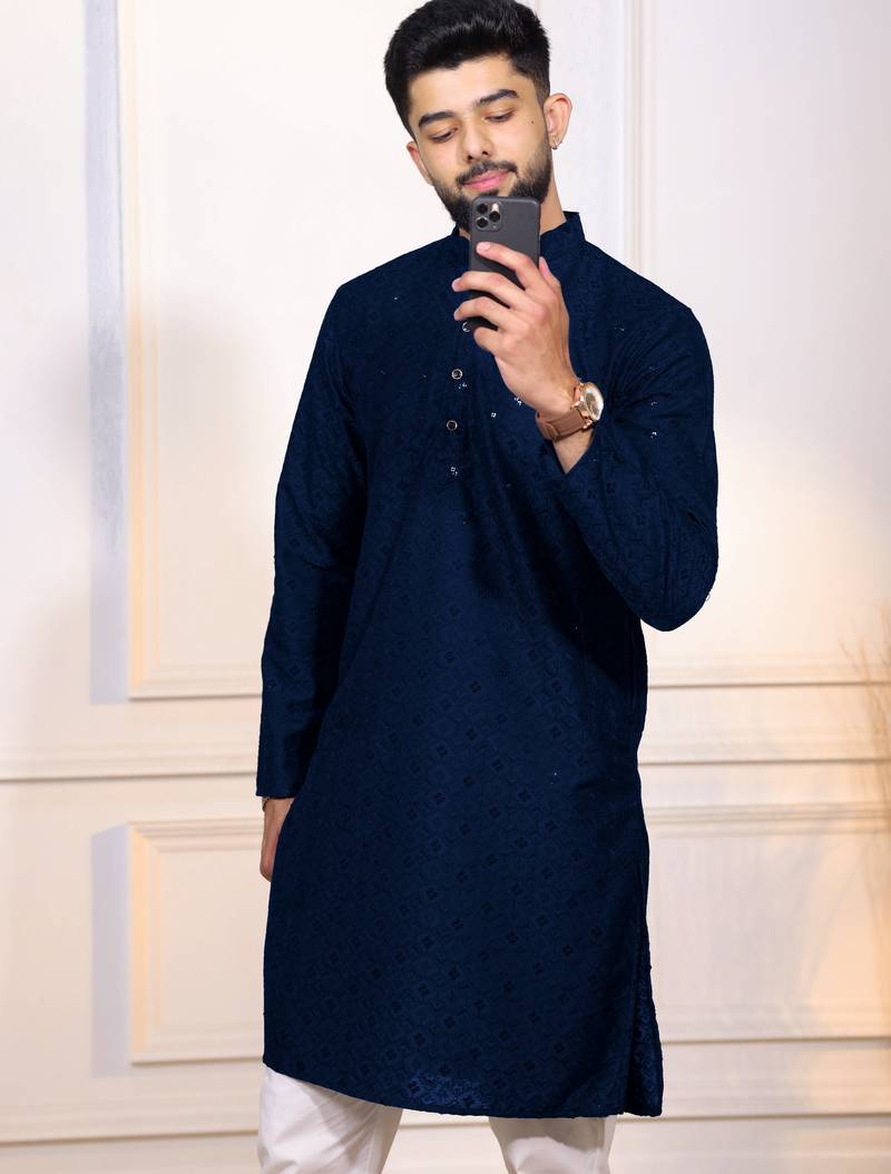 Blue color designer embroidery work ceremonial ethnic kurta payjama for men's