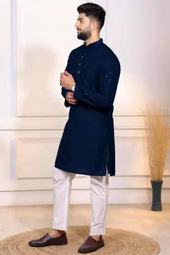 Blue color embroidery work ceremonial ethnic kurta payjama for men's