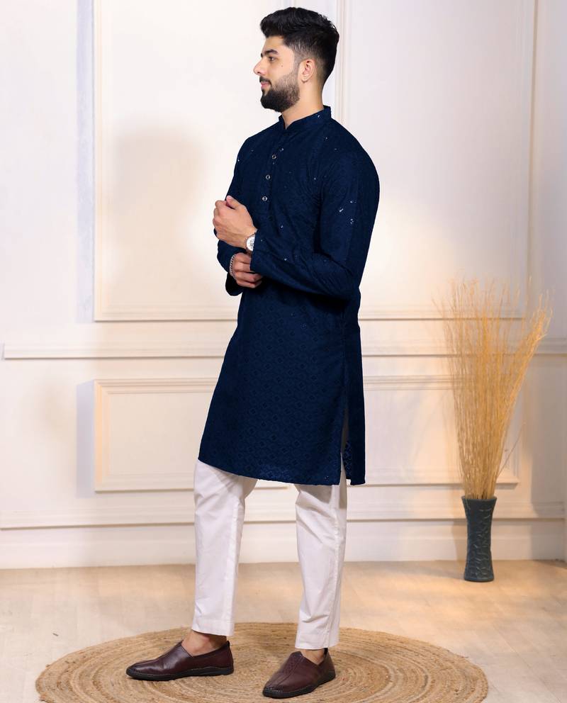 Blue color designer embroidery work ceremonial ethnic kurta payjama for men's