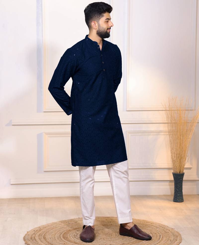 Blue color designer embroidery work ceremonial ethnic kurta payjama for men's