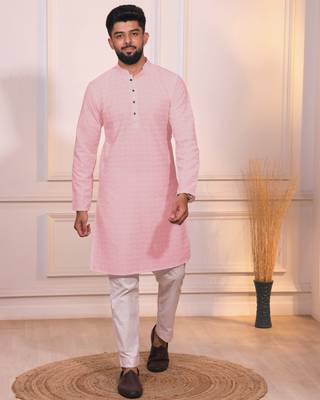 Pink color embroidery work ceremonial ethnic kurta payjama for men's 1
