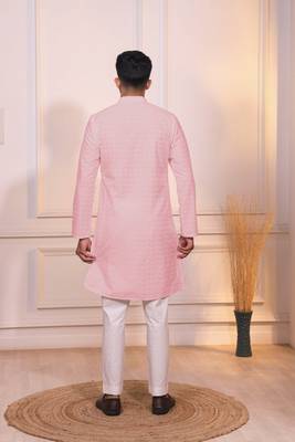 Pink color embroidery work ceremonial ethnic kurta payjama for men's 2