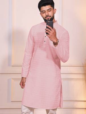 Pink color embroidery work ceremonial ethnic kurta payjama for men's 3