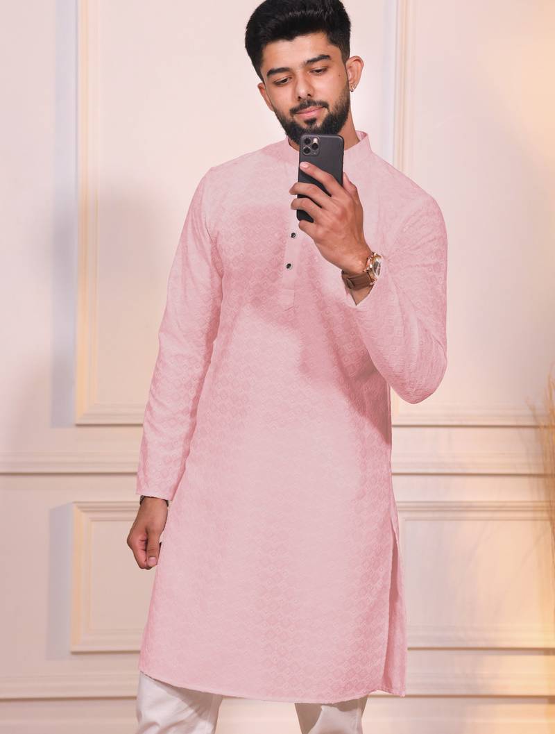 Pink color designer embroidery work ceremonial ethnic kurta payjama for men's
