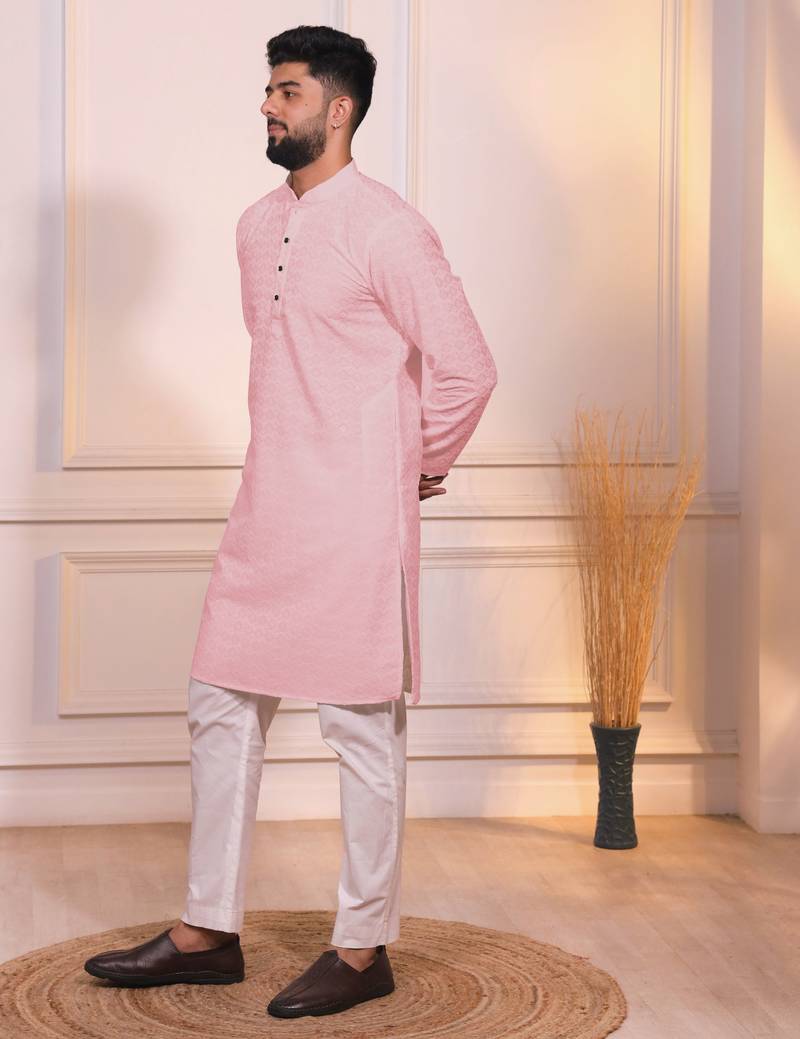 Pink color designer embroidery work ceremonial ethnic kurta payjama for men's