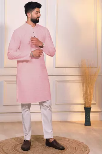 Pink color embroidery work ceremonial ethnic kurta payjama for men's