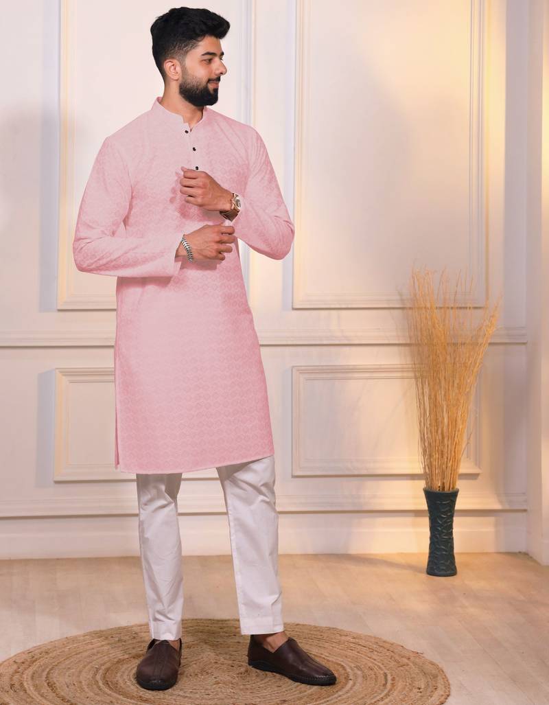 Pink color designer embroidery work ceremonial ethnic kurta payjama for men's
