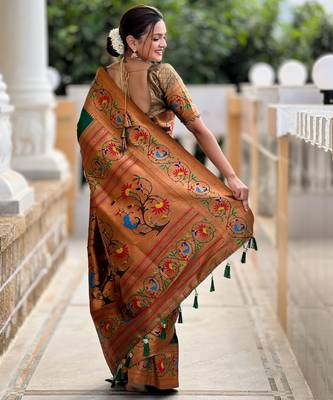green paithani silk blend woven meenakari jacquard graceful wedding saree 2
