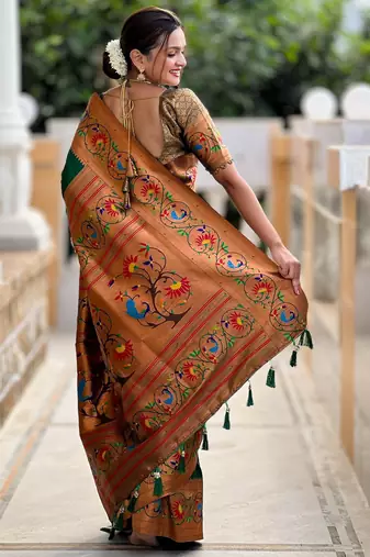 green paithani silk blend woven meenakari jacquard graceful wedding saree