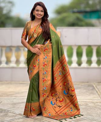 mahendi paithani silk blend woven meenakari jacquard graceful wedding saree 1