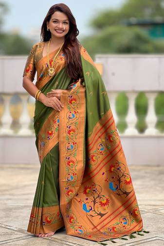 mahendi color paithani silk blend fabric  woven meenakari jacquard designer graceful wedding saree
