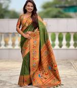 mahendi color paithani silk blend fabric woven meenakari jacquard graceful wedding saree