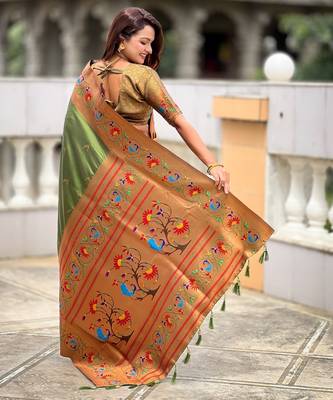 mahendi paithani silk blend woven meenakari jacquard graceful wedding saree 2