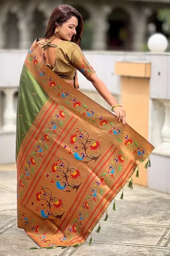 mahendi paithani silk blend woven meenakari jacquard graceful wedding saree