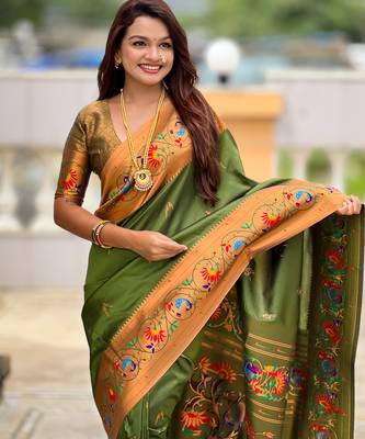 mahendi paithani silk blend woven meenakari jacquard graceful wedding saree 3