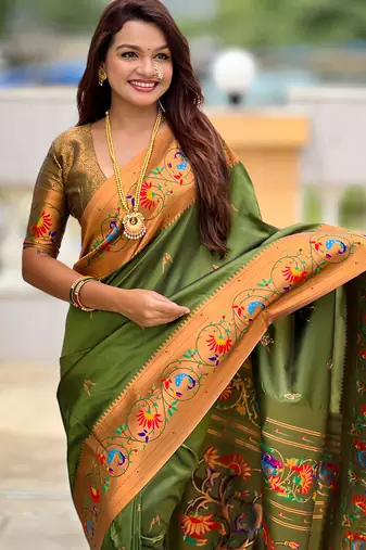 mahendi paithani silk blend woven meenakari jacquard graceful wedding saree