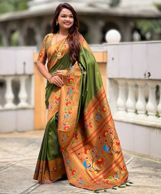 mahendi paithani silk blend woven meenakari jacquard graceful wedding saree 4