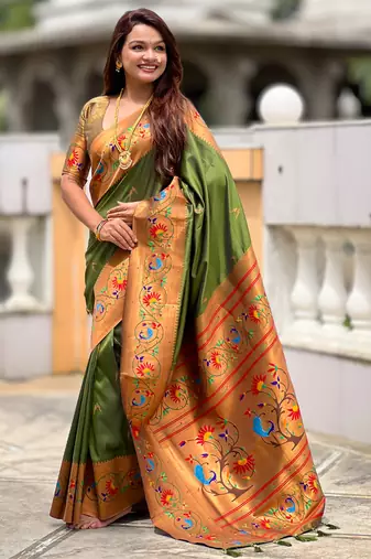 mahendi paithani silk blend woven meenakari jacquard graceful wedding saree