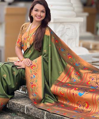 mahendi paithani silk blend woven meenakari jacquard graceful wedding saree 5
