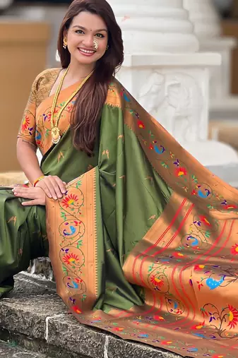 mahendi paithani silk blend woven meenakari jacquard graceful wedding saree