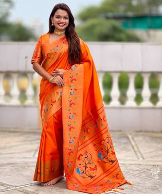 orange paithani silk blend woven meenakari jacquard graceful wedding saree 1