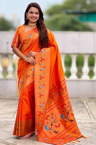 orange color paithani silk blend fabric  woven meenakari jacquard designer graceful wedding saree