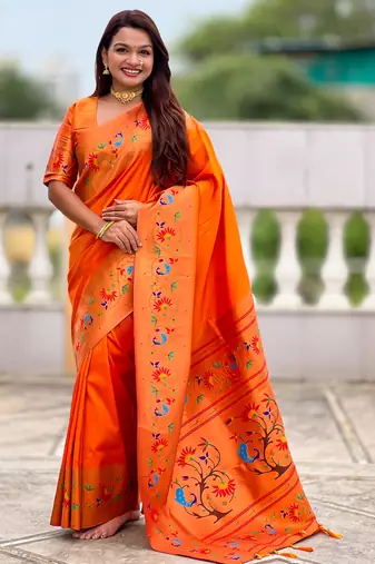 orange color paithani silk blend fabric  woven meenakari jacquard designer graceful wedding saree