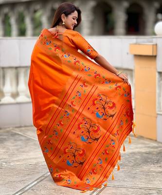 orange paithani silk blend woven meenakari jacquard graceful wedding saree 2