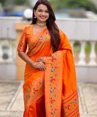 orange paithani silk blend woven meenakari jacquard graceful wedding saree 3