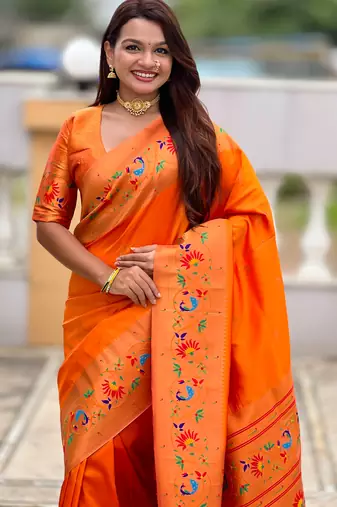 orange paithani silk blend woven meenakari jacquard graceful wedding saree