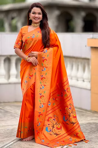 orange paithani silk blend woven meenakari jacquard graceful wedding saree