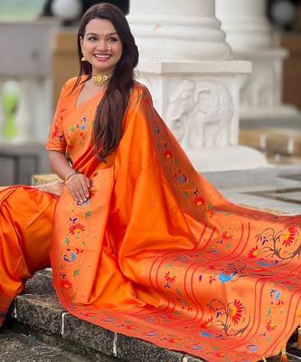 orange paithani silk blend woven meenakari jacquard graceful wedding saree 5