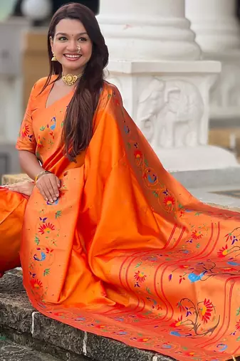 orange paithani silk blend woven meenakari jacquard graceful wedding saree