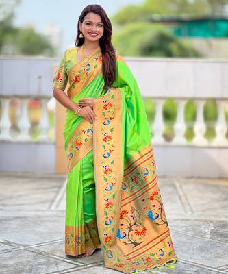 parrot green paithani silk blend woven meenakari jacquard graceful wedding saree 1