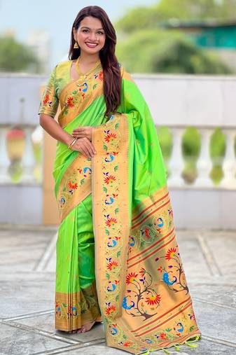 parrot green color paithani silk blend fabric  woven meenakari jacquard designer graceful wedding saree