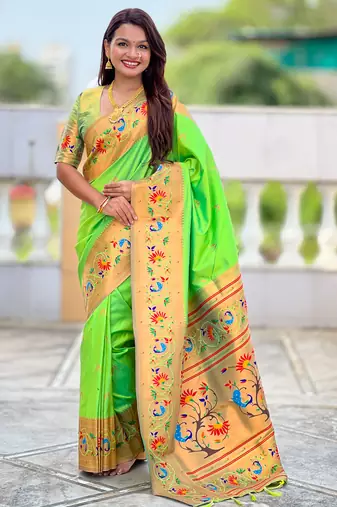 parrot green color paithani silk blend fabric  woven meenakari jacquard designer graceful wedding saree