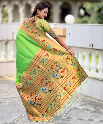 parrot green paithani silk blend woven meenakari jacquard graceful wedding saree 2