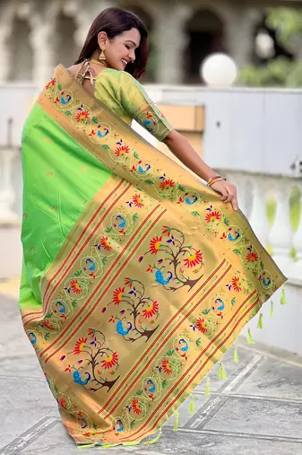 parrot green paithani silk blend woven meenakari jacquard graceful wedding saree