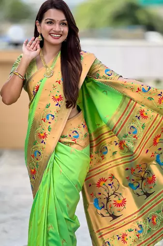 parrot green paithani silk blend woven meenakari jacquard graceful wedding saree