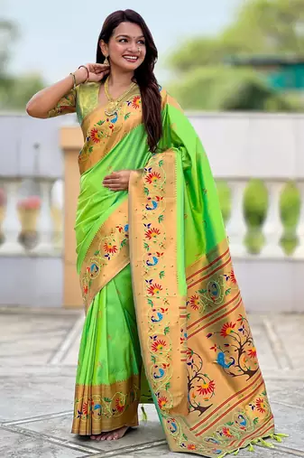 parrot green paithani silk blend woven meenakari jacquard graceful wedding saree