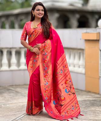 pink paithani silk blend woven meenakari jacquard graceful wedding saree 1