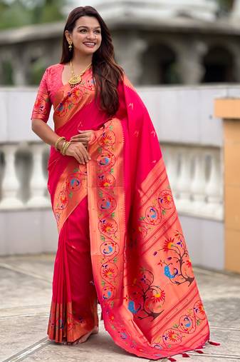 pink color paithani silk blend fabric  woven meenakari jacquard designer graceful wedding saree