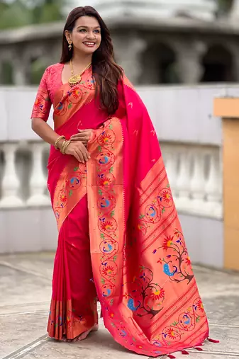 pink color paithani silk blend fabric  woven meenakari jacquard designer graceful wedding saree